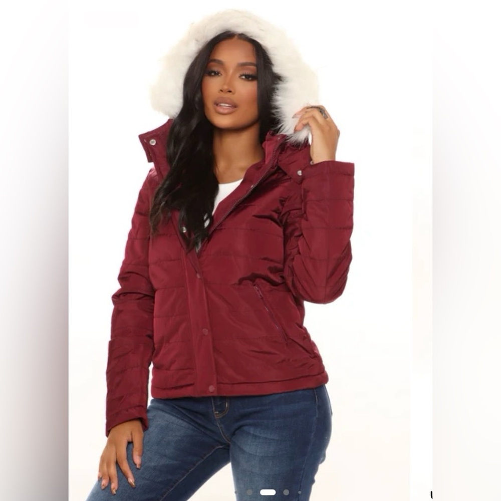 Fashion Nova Burgundy Jacket with white fur hood